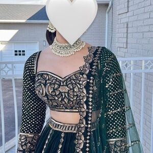 Elegant Velvet Green and Gold Embroidered Lehenga